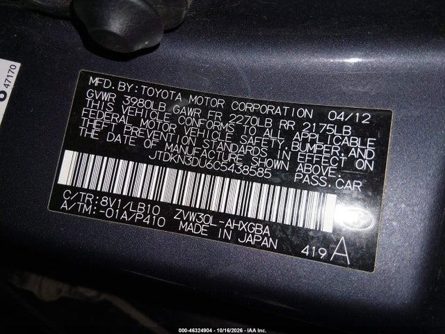 Aukcja sprzedaży 2012 Toyota Prius Four, vin: JTDKN3DU6C5438585, numer aukcji: 46324904