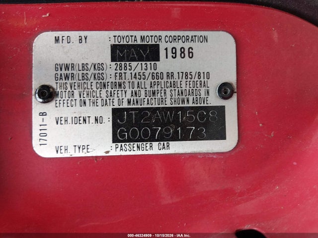 Aukcja sprzedaży 1986 Toyota Mr2, vin: JT2AW15C8G0079173, numer aukcji: 46324909