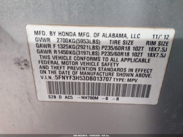 Продаж на аукціоні авто 2013 Honda Pilot Ex-l, vin: 5FNYF3H53DB013707, номер лоту: 46324916