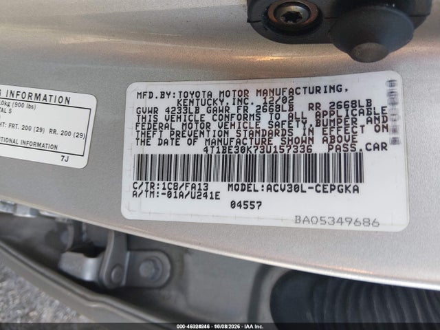 Продажа на аукционе авто 2003 Toyota Camry Xle, vin: 4T1BE30K73U157336, номер лота: 46324946