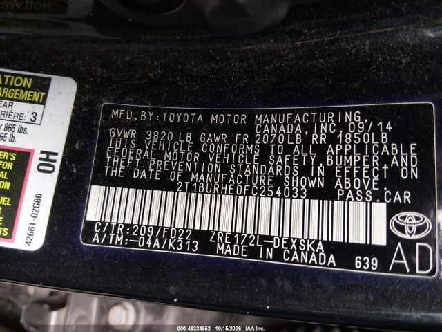 Aukcja sprzedaży 2015 Toyota Corolla S Plus, vin: 2T1BURHE0FC254033, numer aukcji: 46324952