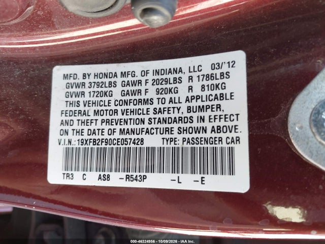 Продажа на аукционе авто 2012 Honda Civic Ex-l, vin: 19XFB2F90CE057428, номер лота: 46324956