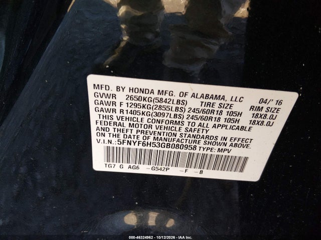 Продажа на аукционе авто 2016 Honda Pilot Ex-l, vin: 5FNYF6H53GB080958, номер лота: 46324962