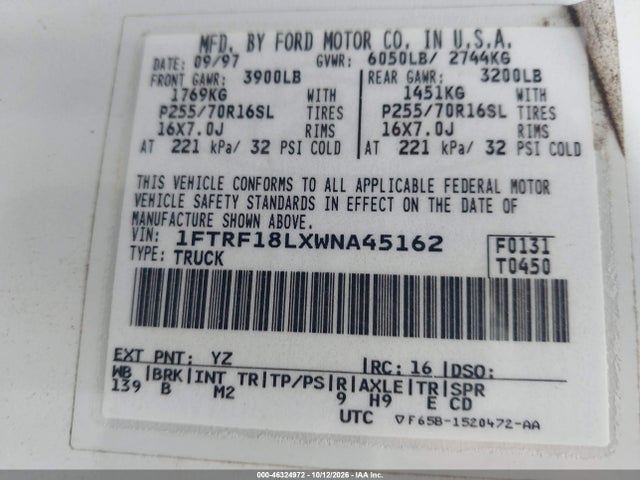 Продажа на аукционе авто 1998 Ford F-150 Lariat/standard/xl/xlt, vin: 1FTRF18LXWNA45162, номер лота: 46324972