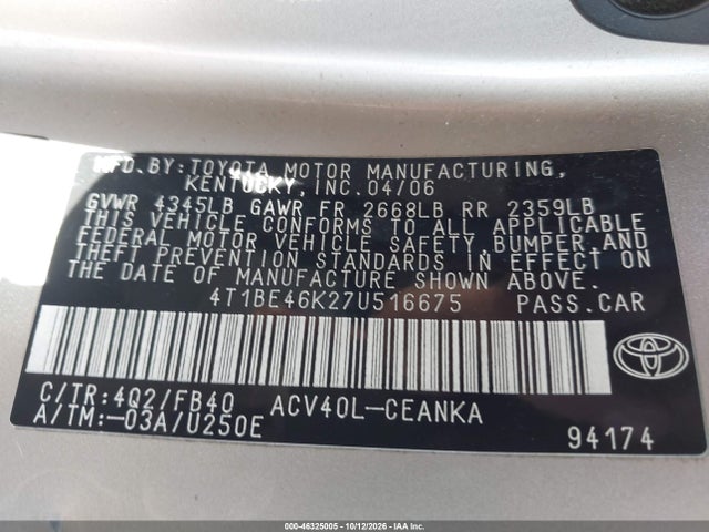 Aukcja sprzedaży 2007 Toyota Camry Le, vin: 4T1BE46K27U516675, numer aukcji: 46325005
