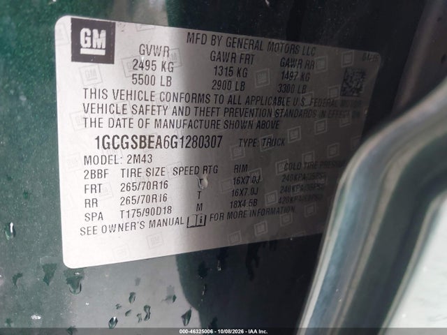 Aukcja sprzedaży 2016 Chevrolet Colorado Wt, vin: 1GCGSBEA6G1280307, numer aukcji: 46325006