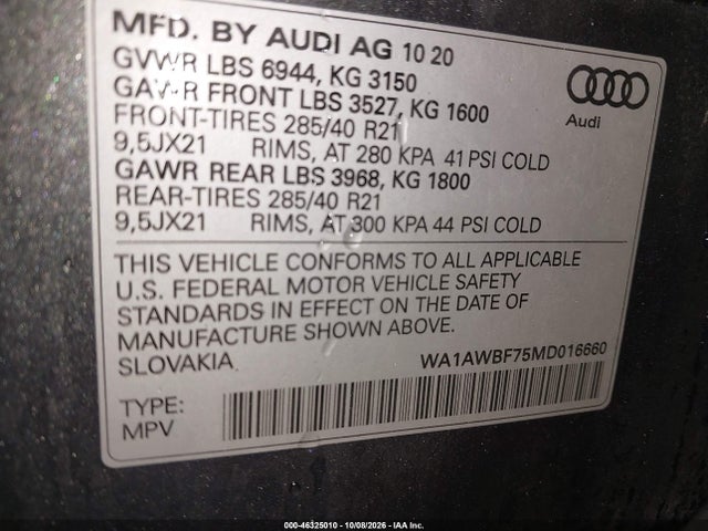 Продажа на аукционе авто 2021 Audi Sq7 Premium Plus Tfsi Quattro Tiptronic, vin: WA1AWBF75MD016660, номер лота: 46325010