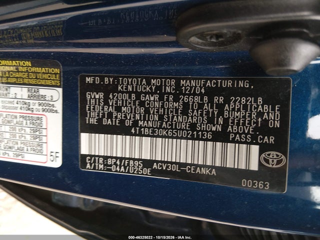 Aukcja sprzedaży 2005 Toyota Camry Le, vin: 4T1BE30K65U021136, numer aukcji: 46325022