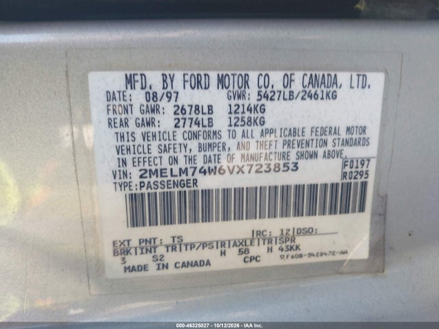 Продаж на аукціоні авто 1997 Mercury Grand Marquis Gs, vin: 2MELM74W6VX723853, номер лоту: 46325027