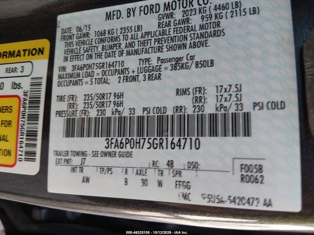 Продажа на аукционе авто 2016 Ford Fusion Se, vin: 3FA6P0H75GR164710, номер лота: 46325108