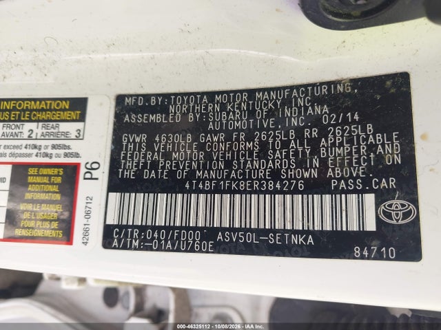 Aukcja sprzedaży 2014 Toyota Camry Le, vin: 4T4BF1FK8ER384276, numer aukcji: 46325112