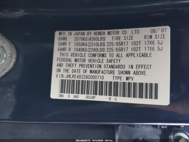 46325172 :رقم المزاد ، JHLRE48328C000710 vin ، 2008 Honda Cr-v Lx مزاد بيع