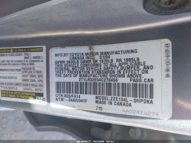 46325177 :رقم المزاد ، 2T1LR32E54C276456 vin ، 2004 Toyota Corolla Matrix Xr مزاد بيع