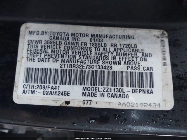 Продаж на аукціоні авто 2003 Toyota Corolla Le, vin: 2T1BR32E73C133423, номер лоту: 46325195