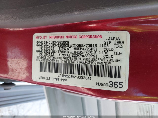 46325233 :رقم المزاد ، JA4MR51R4YJ003341 vin ، 2000 Mitsubishi Montero مزاد بيع