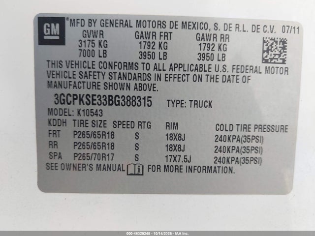 Aukcja sprzedaży 2011 Chevrolet Silverado 1500 Lt, vin: 3GCPKSE33BG388315, numer aukcji: 46325245