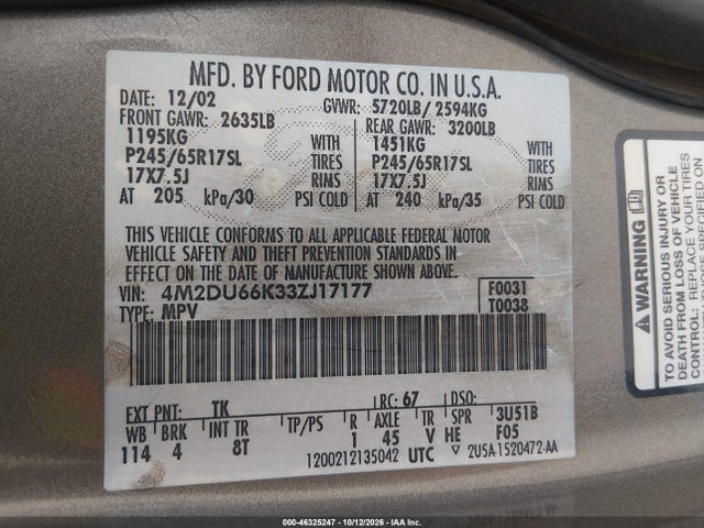 2003 Mercury Mountaineer მანქანა იყიდება აუქციონზე, vin: 4M2DU66K33ZJ17177, აუქციონის ნომერი: 46325247