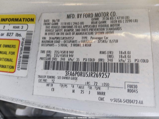 2018 Ford Fusion Hybrid Titanium მანქანა იყიდება აუქციონზე, vin: 3FA6P0RU5JR269257, აუქციონის ნომერი: 46325273