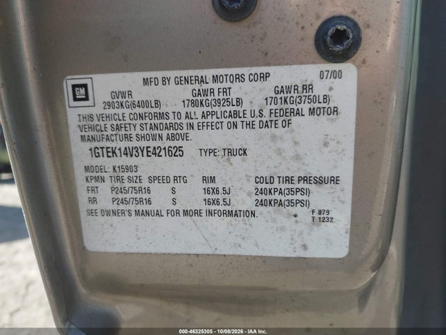 Auction sale of the 2000 Gmc Sierra 1500 Sl, vin: 1GTEK14V3YE421625, lot number: 46325305