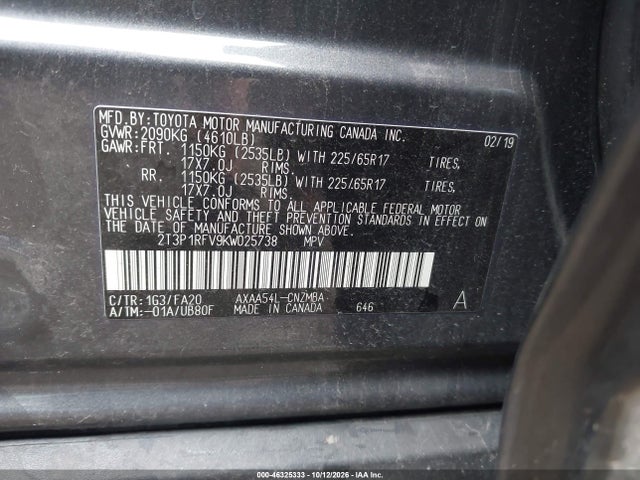 Продажа на аукционе авто 2019 Toyota Rav4 Xle, vin: 2T3P1RFV9KW025738, номер лота: 46325333