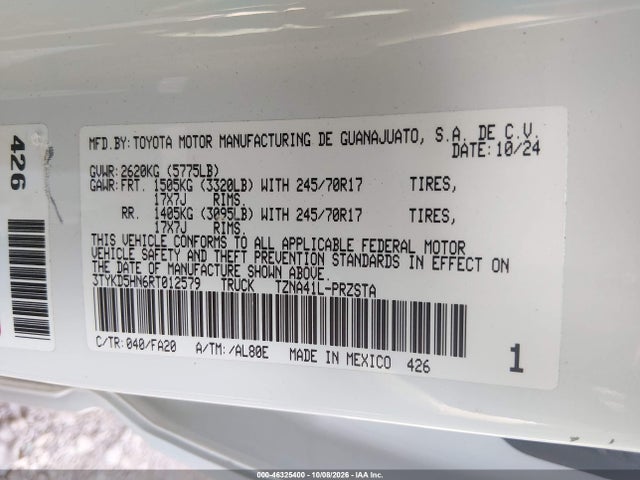 Продажа на аукционе авто 2024 Toyota Tacoma Sr, vin: 3TYKD5HN6RT012579, номер лота: 46325400