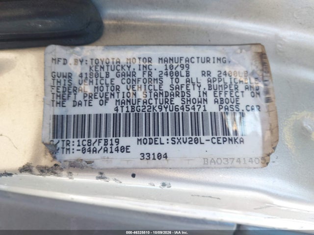 46325510 :رقم المزاد ، 4T1BG22K9YU645471 vin ، 2000 Toyota Camry Le مزاد بيع