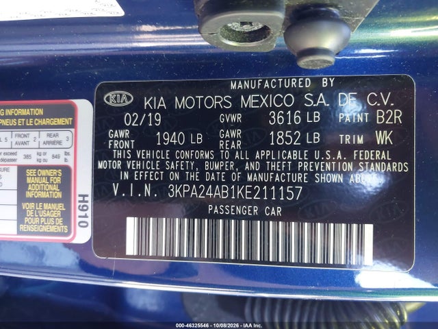 2019 Kia Rio S მანქანა იყიდება აუქციონზე, vin: 3KPA24AB1KE211157, აუქციონის ნომერი: 46325546