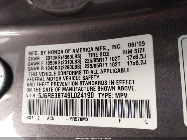 2009 Honda Cr-v Ex-l მანქანა იყიდება აუქციონზე, vin: 5J6RE38749L024190, აუქციონის ნომერი: 46325551