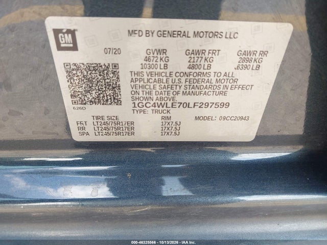 Aukcja sprzedaży 2020 Chevrolet Silverado 2500hd 2wd  Long Bed Wt, vin: 1GC4WLE70LF297599, numer aukcji: 46325566