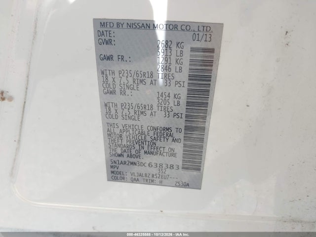 46325588 :رقم المزاد ، 5N1AR2MN3DC638383 vin ، 2013 Nissan Pathfinder S مزاد بيع