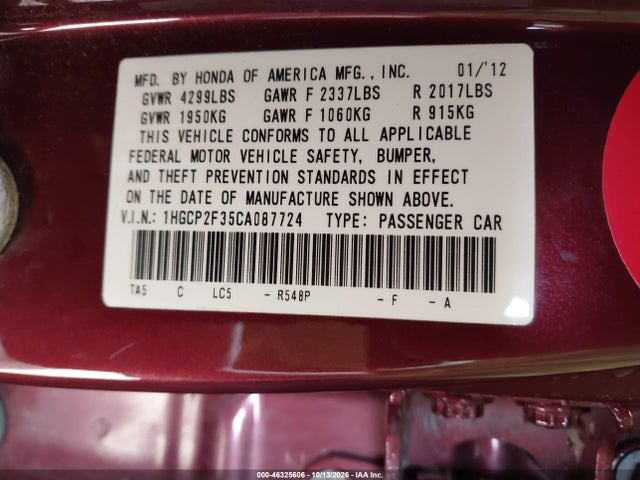 46325606 :رقم المزاد ، 1HGCP2F35CA087724 vin ، 2012 Honda Accord 2.4 Lx مزاد بيع