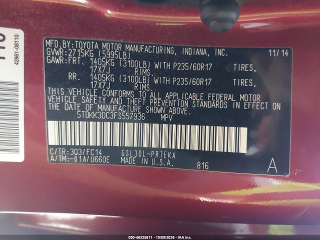 Продажа на аукционе авто 2015 Toyota Sienna Le, vin: 5TDKK3DC3FS557936, номер лота: 46325611