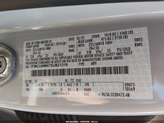 2025 Ford Escape St-line მანქანა იყიდება აუქციონზე, vin: 1FMCU0MN7SUB21316, აუქციონის ნომერი: 46325663
