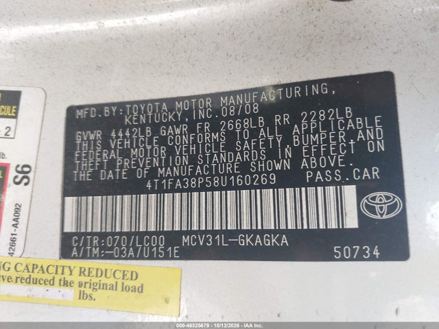 Aukcja sprzedaży 2008 Toyota Camry Solara Sle, vin: 4T1FA38P58U160269, numer aukcji: 46325679