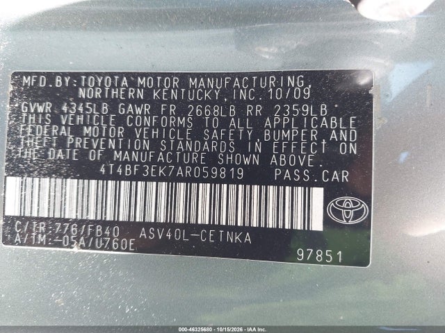 Продажа на аукционе авто 2010 Toyota Camry Le, vin: 4T4BF3EK7AR059819, номер лота: 46325680