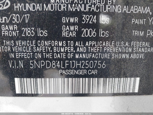 46325716 :رقم المزاد ، 5NPD84LF1JH250756 vin ، 2018 Hyundai Elantra Sel مزاد بيع