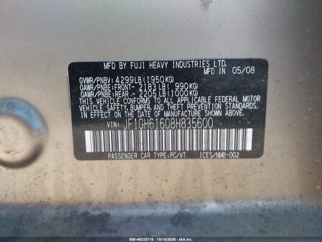 46325715 :رقم المزاد ، JF1GH61608H835600 vin ، 2008 Subaru Impreza 2.5i مزاد بيع