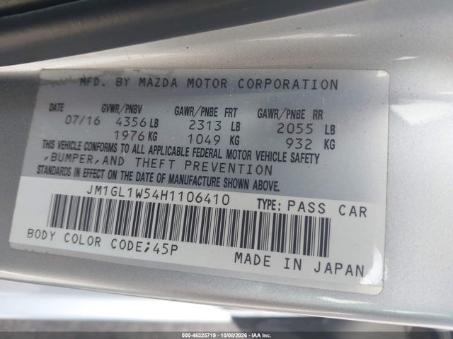 Aukcja sprzedaży 2017 Mazda Mazda6 Grand Touring, vin: JM1GL1W54H1106410, numer aukcji: 46325719