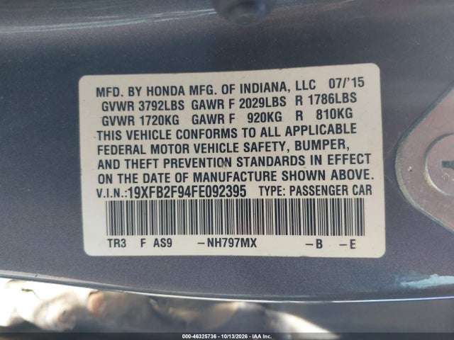 46325736 :رقم المزاد ، 19XFB2F94FE092395 vin ، 2015 Honda Civic Ex-l مزاد بيع
