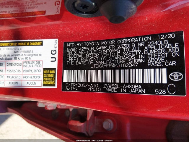 Продаж на аукціоні авто 2021 Toyota Prius Prime Xle, vin: JTDKAMFP4M3182047, номер лоту: 46325805