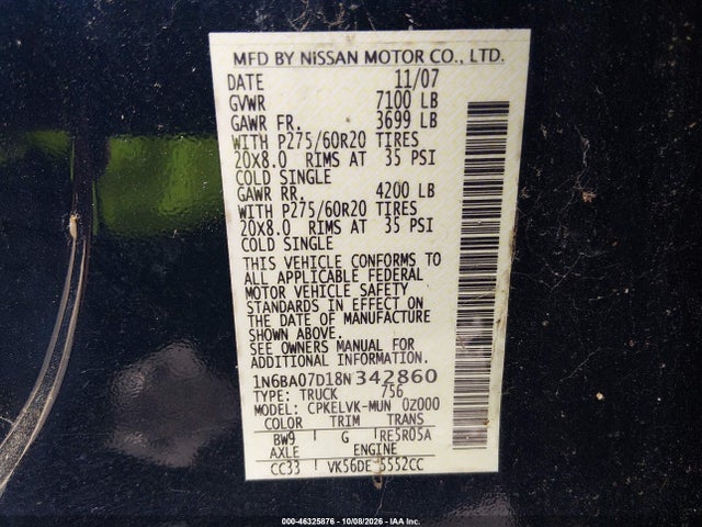 Продажа на аукционе авто 2008 Nissan Titan Se, vin: 1N6BA07D18N342860, номер лота: 46325876