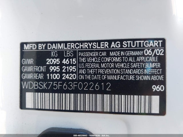 2003 Mercedes-benz Sl 500 მანქანა იყიდება აუქციონზე, vin: WDBSK75F63F022612, აუქციონის ნომერი: 46325883