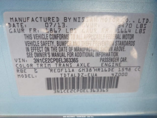 Aukcja sprzedaży 2014 Nissan Versa Note Sv, vin: 3N1CE2CP0EL363365, numer aukcji: 46325903