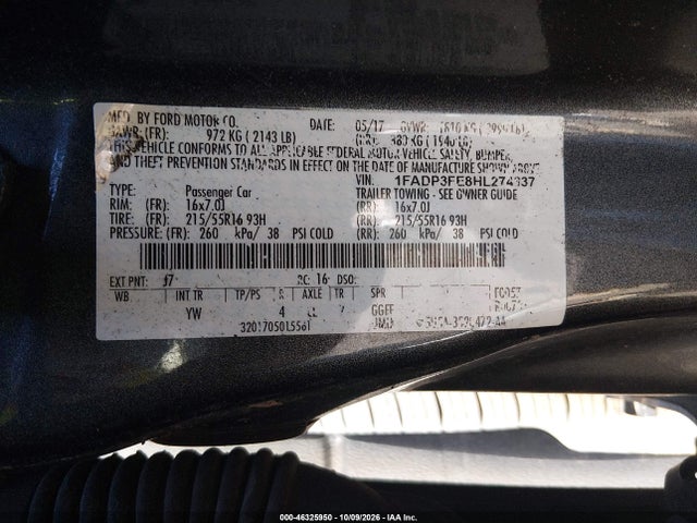 46325950 :رقم المزاد ، 1FADP3FE8HL274337 vin ، 2017 Ford Focus Se مزاد بيع