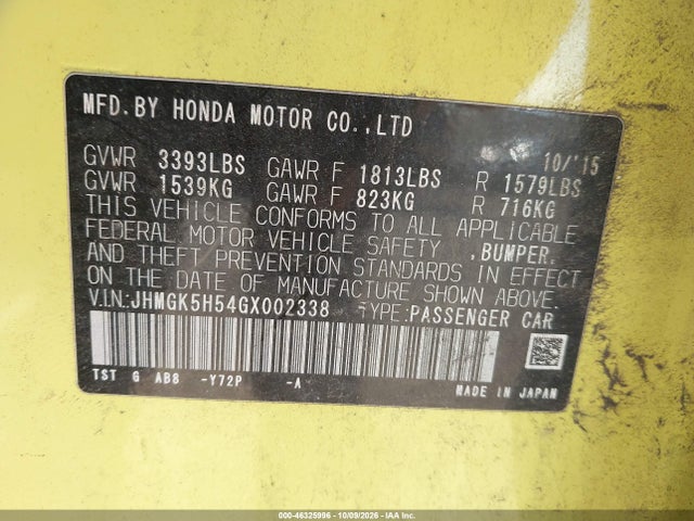 46325996 :رقم المزاد ، JHMGK5H54GX002338 vin ، 2016 Honda Fit Lx مزاد بيع