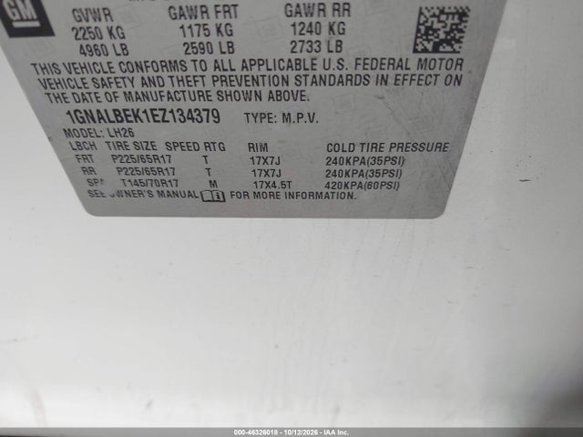 Продаж на аукціоні авто 2014 Chevrolet Equinox 1lt, vin: 1GNALBEK1EZ134379, номер лоту: 46326018