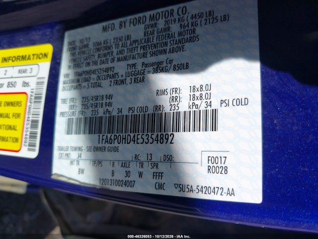 Продажа на аукционе авто 2014 Ford Fusion Se, vin: 1FA6P0HD4E5354892, номер лота: 46326053