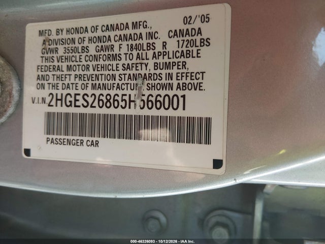 Aukcja sprzedaży 2005 Honda Civic Ex, vin: 2HGES26865H566001, numer aukcji: 46326093