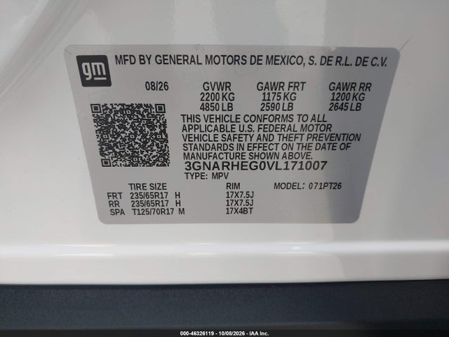 46326119 :رقم المزاد ، 3GNARHEG0VL171007 vin ، 2027 Chevrolet Equinox مزاد بيع