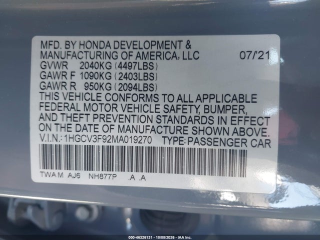 2021 Honda Accord Hybrid Touring მანქანა იყიდება აუქციონზე, vin: 1HGCV3F92MA019270, აუქციონის ნომერი: 46326131